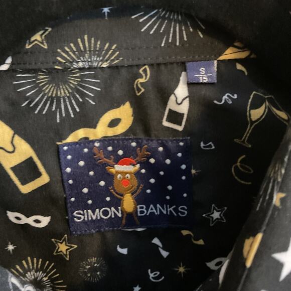Simon Banks New Year Dress Shirt Men's Size S/15 Black Gold Champaign Party - Picture 2 of 5